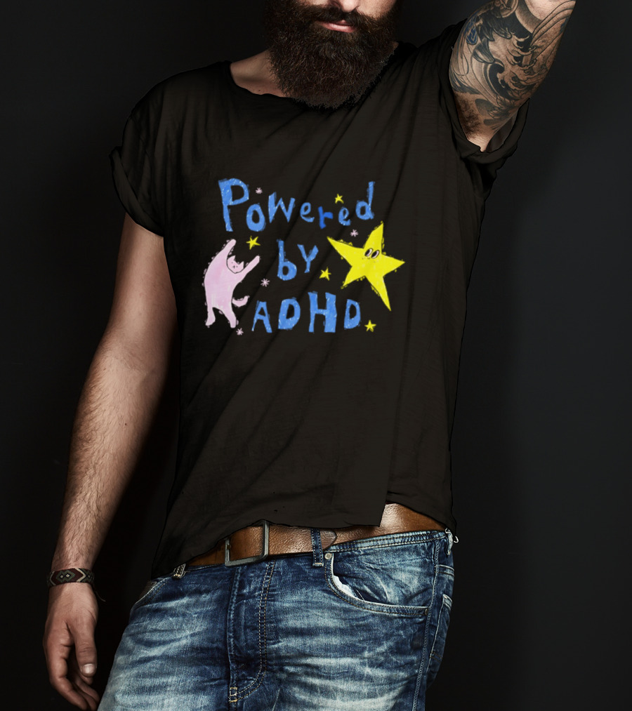Powered By ADHD Neurodivergent Star And Cat With Yellow Stars T-Shirt