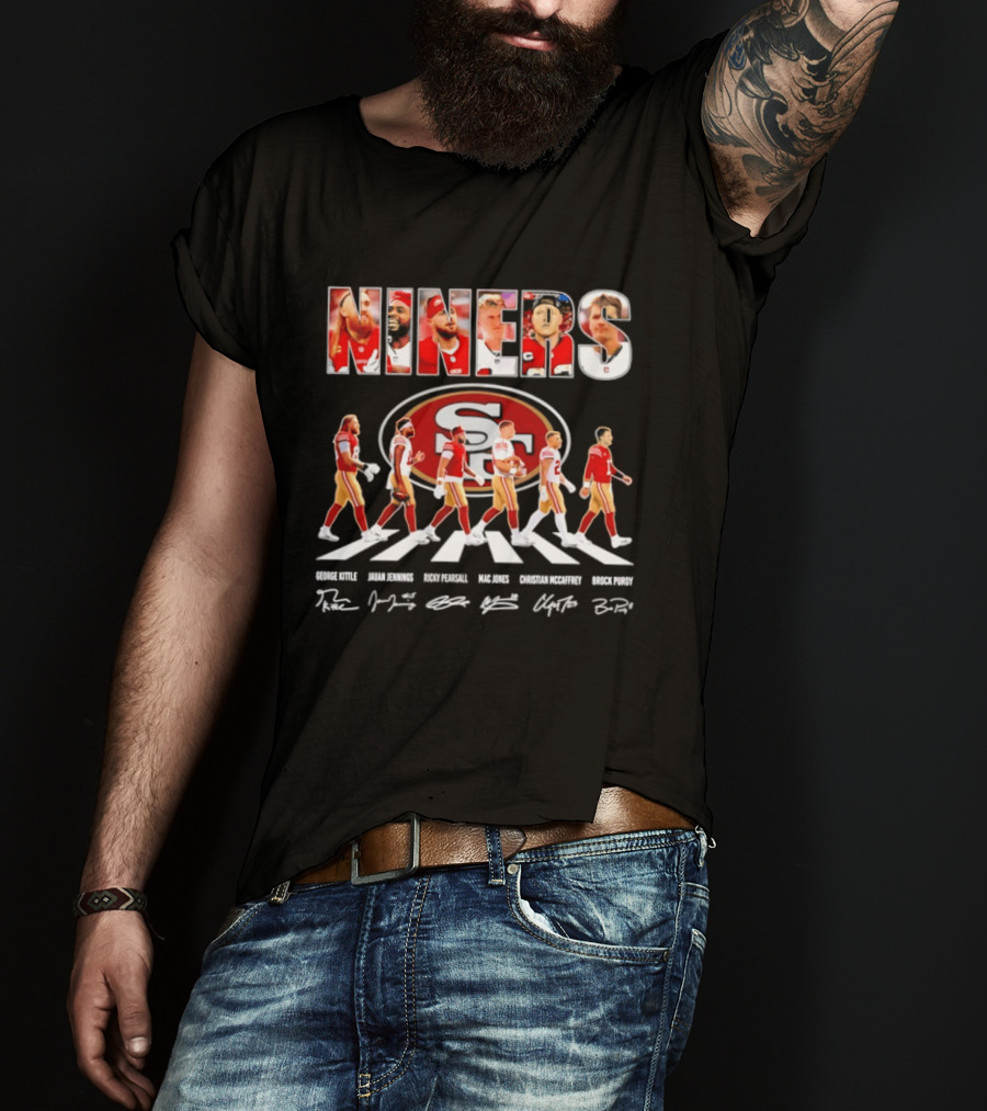 San Francisco 49ers George Kittle Jauan Jennings Ricky Pearsall Mac Jones Christian McCaffrey NINERS Walk NFL Legends Signatures T-Shirt
