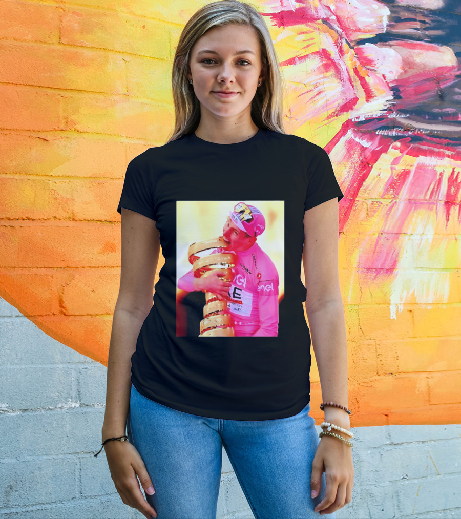 Tadej Pogacar 2024 Giro D'Italia Trophy Celebration In Pink Jersey T-Shirt