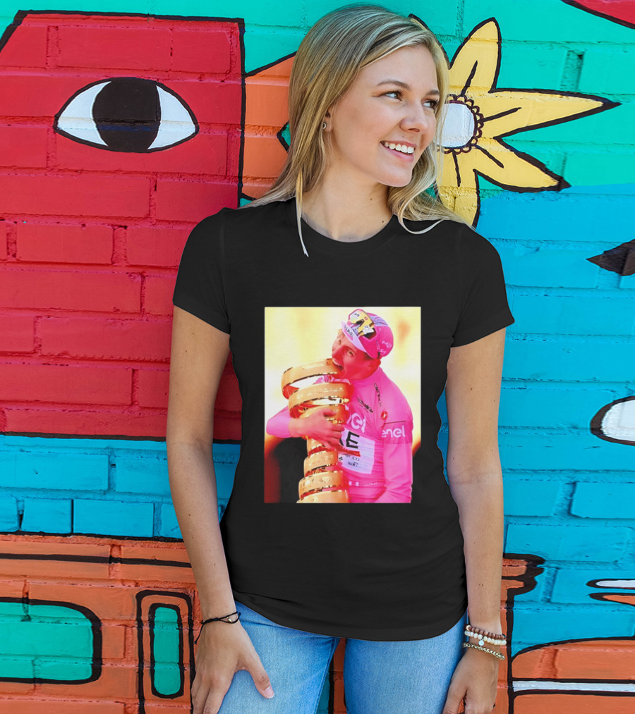 Tadej Pogacar 2024 Giro D'Italia Trophy Celebration In Pink Jersey T-Shirt