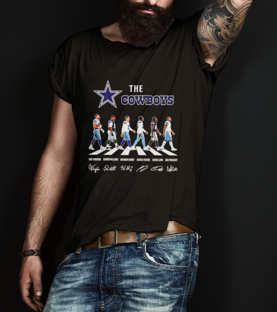 The Cowboys Jake Ferguson Brandon Aubrey Abbey Road Signatures Dak Prescott CeeDee Lamb Quinnen Williams George Pickens T-Shirt