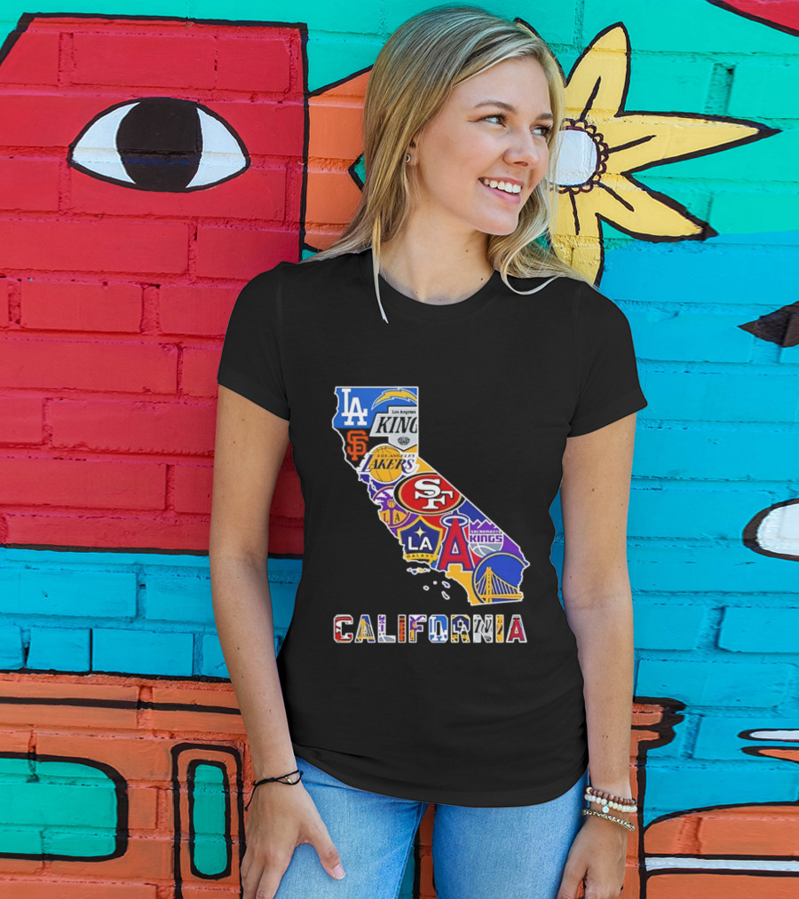 California Map Collage With 49ers Lakers Kings Giants Angels Dodgers Logos 2026 T-Shirt