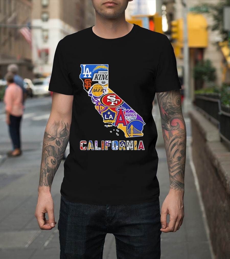 California Map Collage With 49ers Lakers Kings Giants Angels Dodgers Logos 2026 T-Shirt