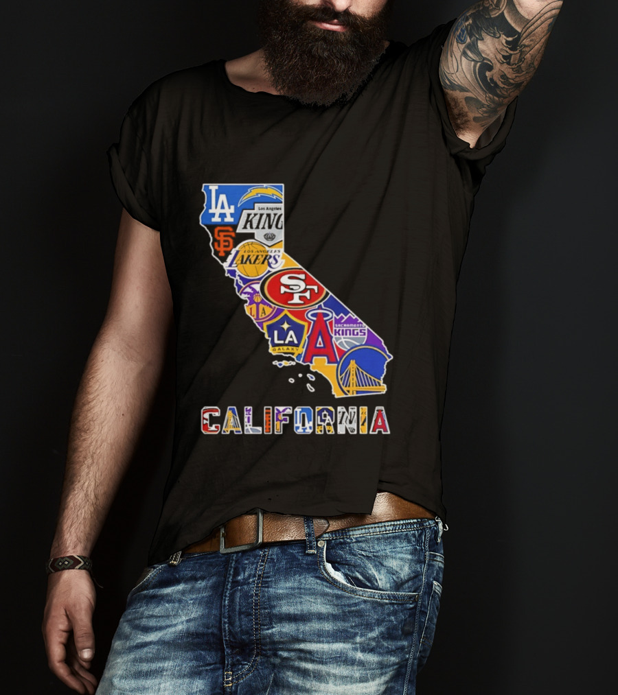 California Map Collage With 49ers Lakers Kings Giants Angels Dodgers Logos 2026 T-Shirt