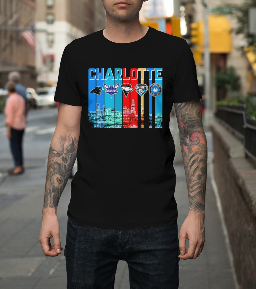 Charlotte Panthers Hornets Knights City Skyline Sports Team Logos T-Shirt