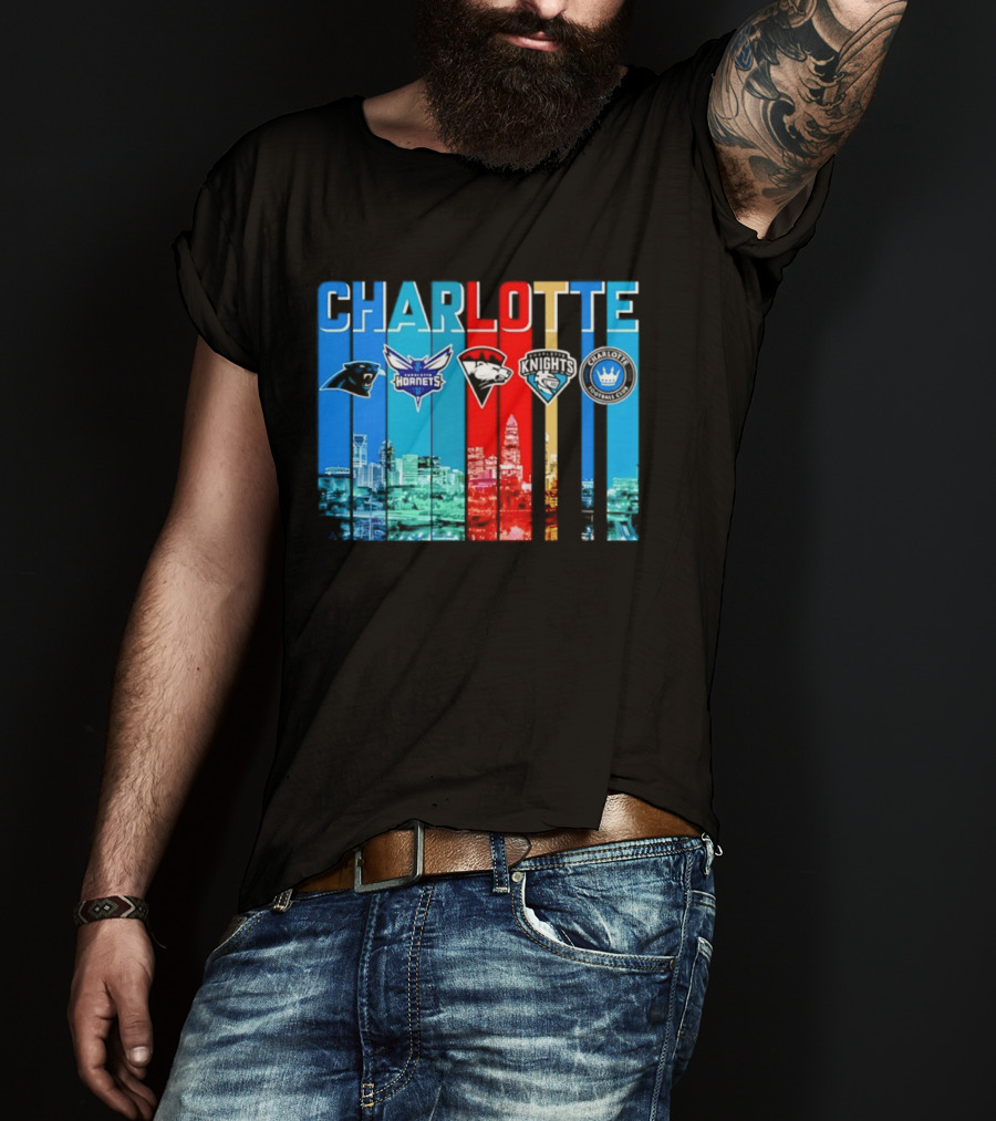 Charlotte Panthers Hornets Knights City Skyline Sports Team Logos T-Shirt