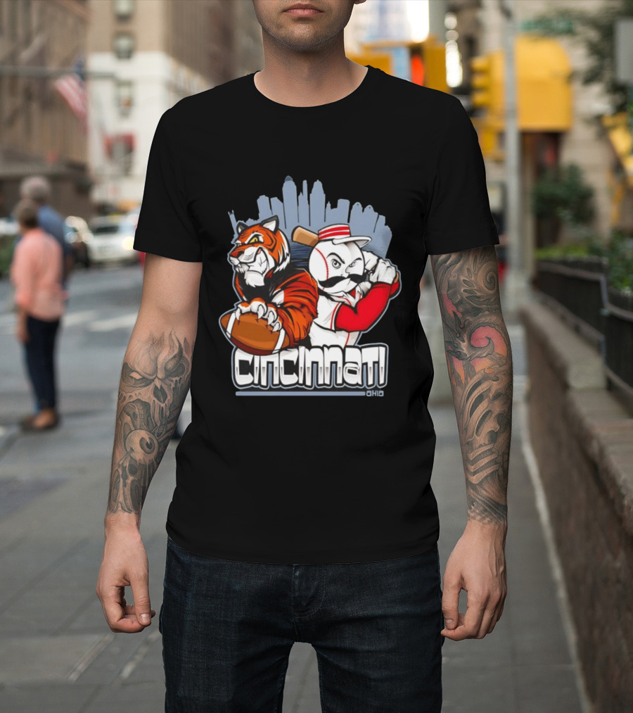 Cincinnati Reds Bengals Skyline Ohio Tiger And Baseball Character 2026 T-Shirt