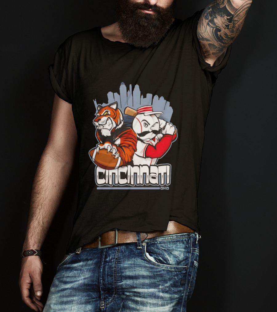 Cincinnati Reds Bengals Skyline Ohio Tiger And Baseball Character 2026 T-Shirt