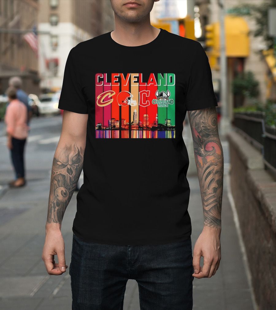 Cleveland Cavaliers Browns Guardians Cleveland State Vikings City Skyline T-Shirt