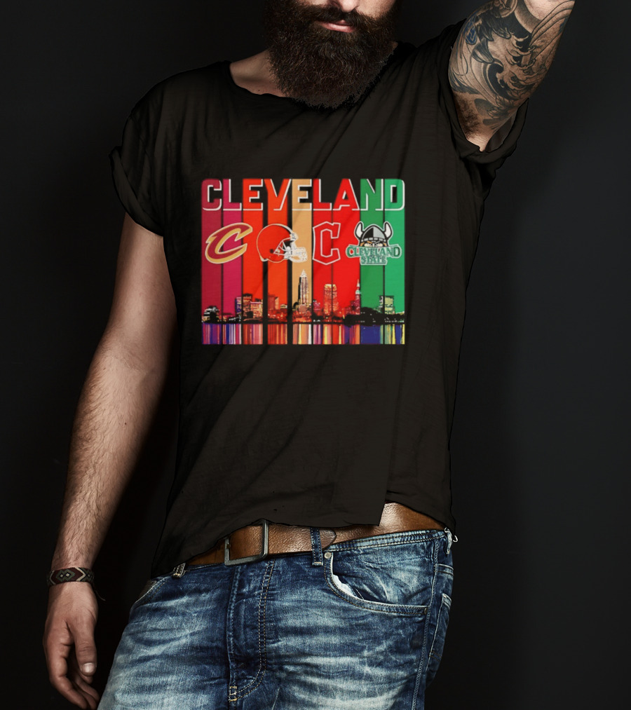 Cleveland Cavaliers Browns Guardians Cleveland State Vikings City Skyline T-Shirt