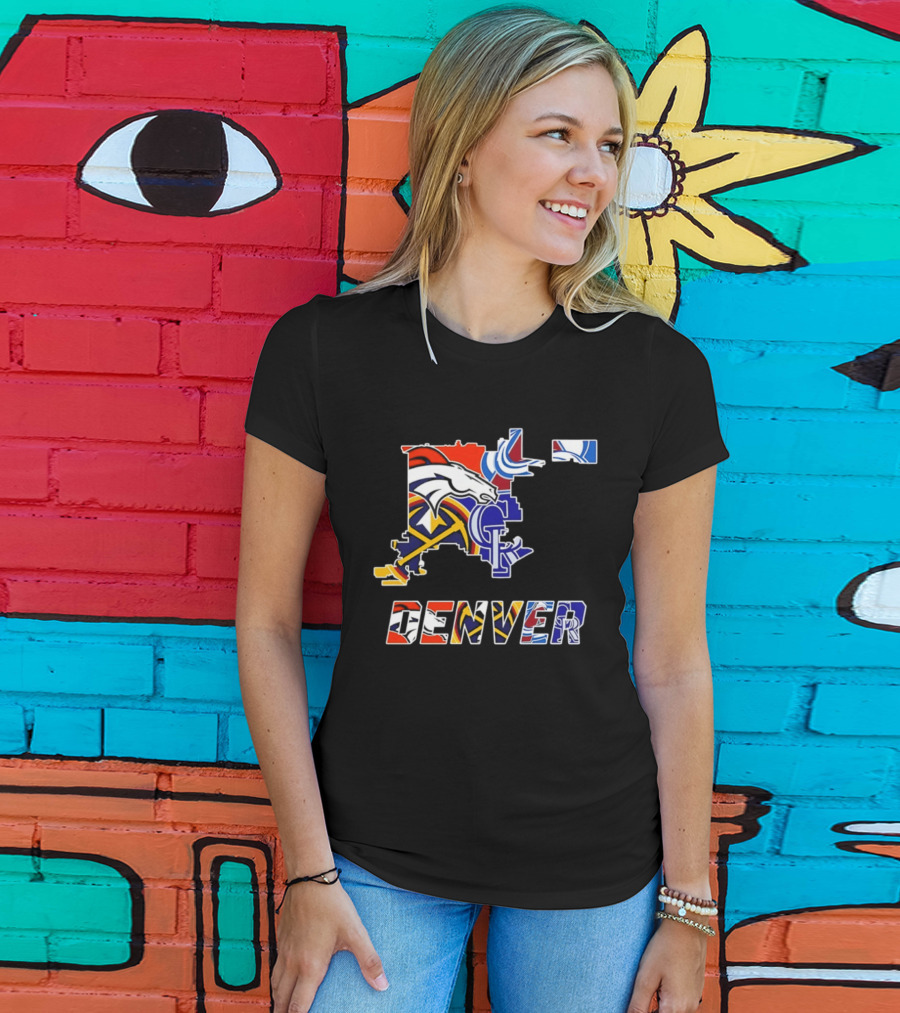 Denver Broncos Nuggets Avalanche Rockies Map Sports Team Logos T-Shirt