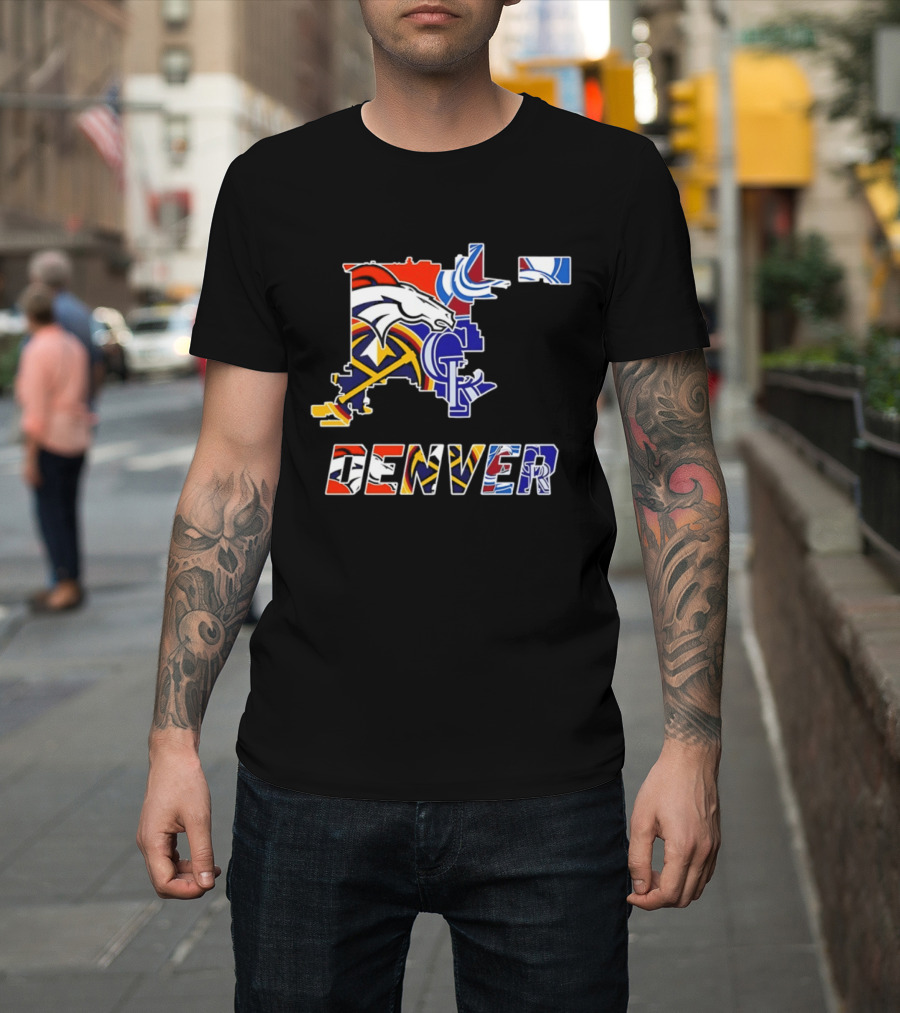 Denver Broncos Nuggets Avalanche Rockies Map Sports Team Logos T-Shirt