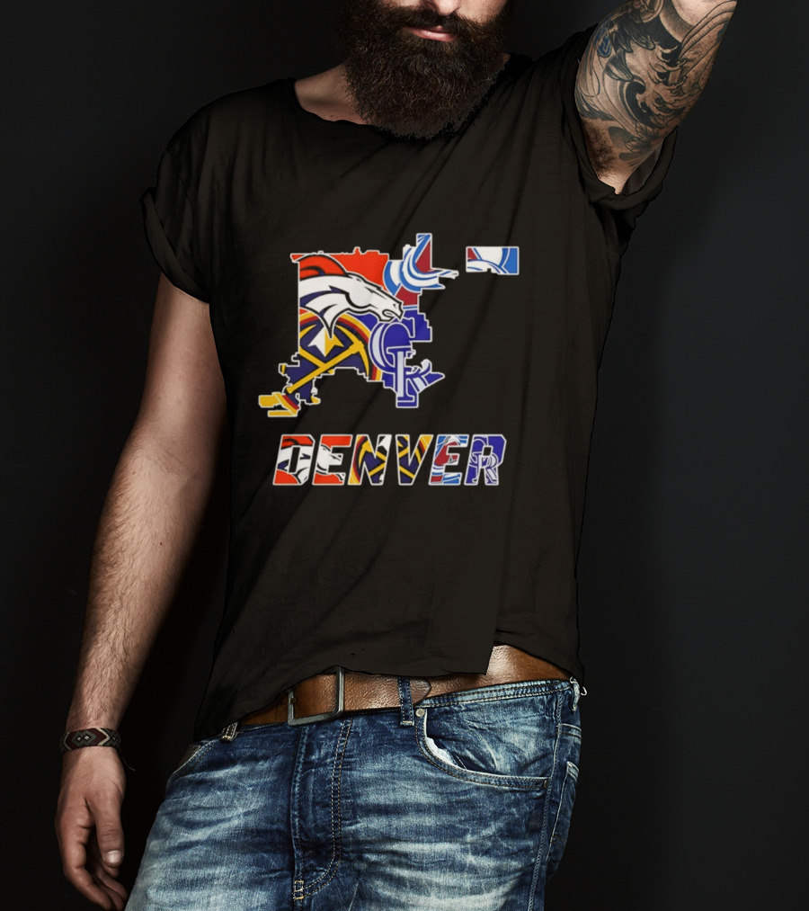 Denver Broncos Nuggets Avalanche Rockies Map Sports Team Logos T-Shirt