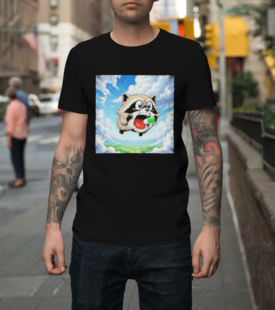 Jimothy Raccoon Cartoon Sky Dive With Colorful Capsule T-Shirt