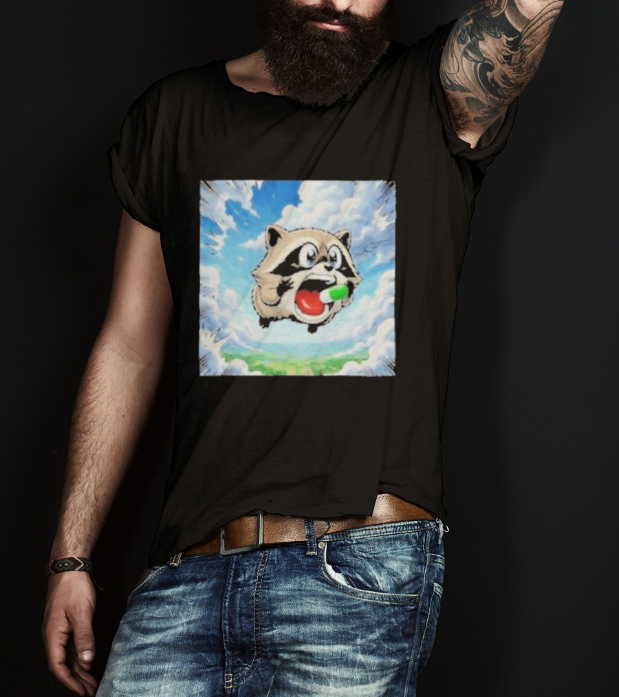 Jimothy Raccoon Cartoon Sky Dive With Colorful Capsule T-Shirt
