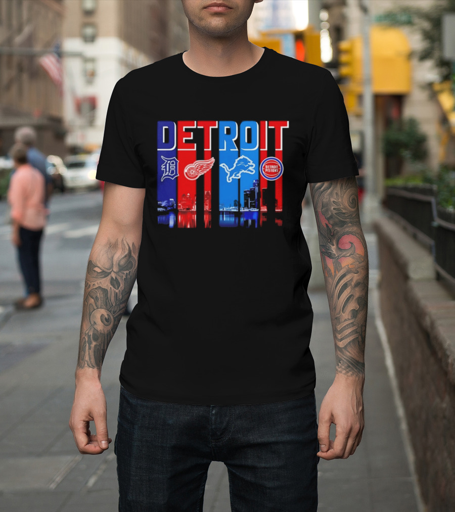 Detroit Tigers Red Wings Lions Pistons City Skyline 2026 T-Shirt
