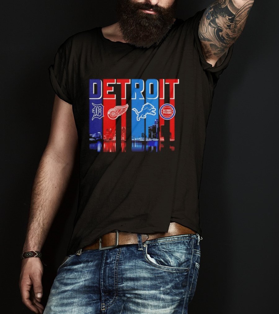 Detroit Tigers Red Wings Lions Pistons City Skyline 2026 T-Shirt