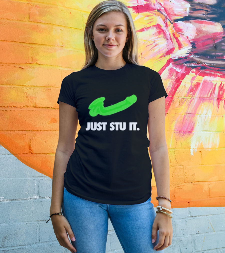Just Stu It Green Swoosh Iconic Phrase T-Shirt