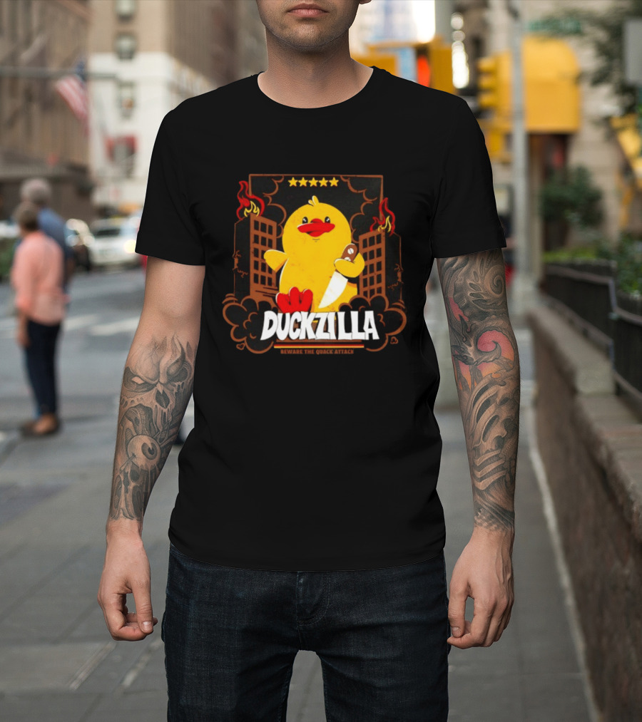 Duckzilla Beware The Quack Attack Knife Wielding Giant Duck With Burning Buildings T-Shirt