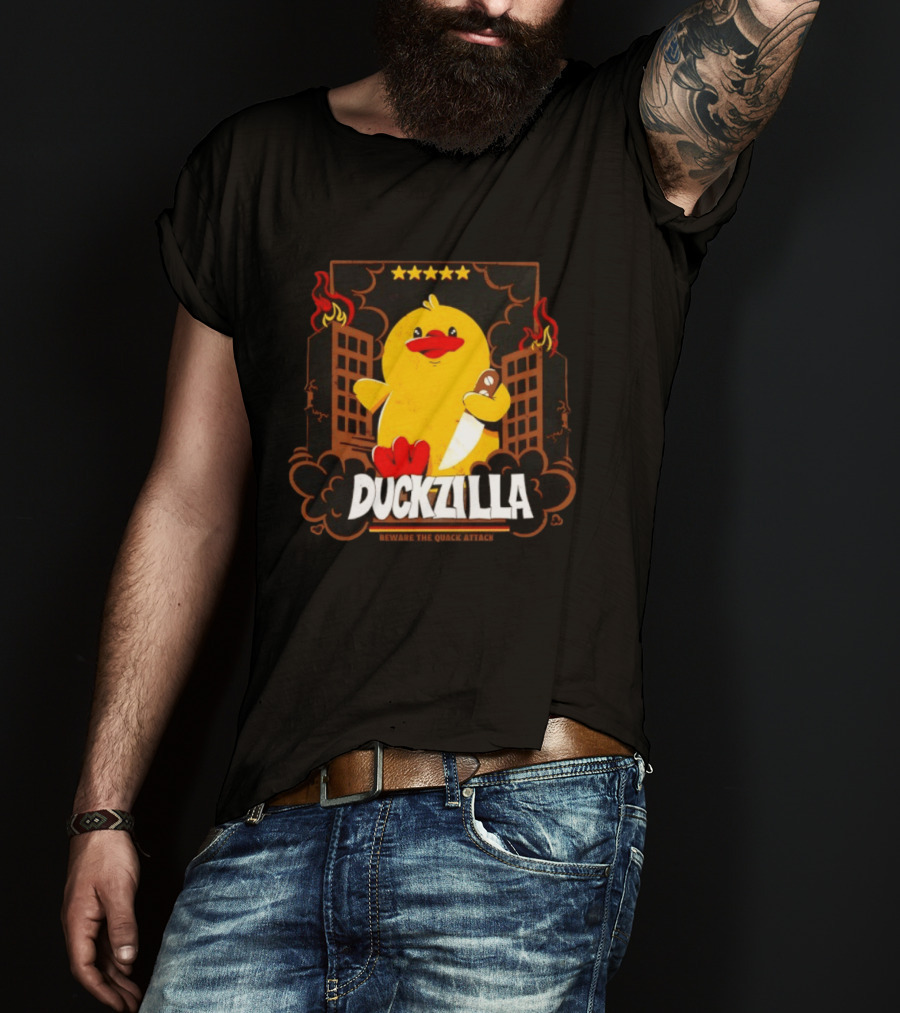 Duckzilla Beware The Quack Attack Knife Wielding Giant Duck With Burning Buildings T-Shirt