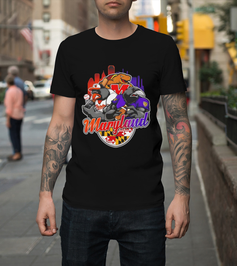 Maryland Orioles Ravens Terrapins Skyline Mashup With Flag T-Shirt