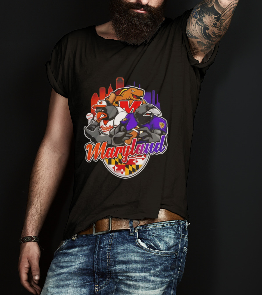 Maryland Orioles Ravens Terrapins Skyline Mashup With Flag T-Shirt