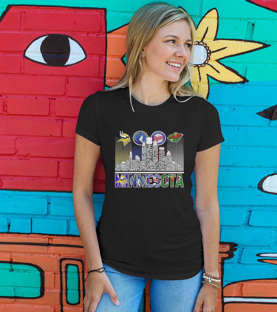 Minnesota Vikings Timberwolves Twins Wild Skyline Roster Names T-Shirt