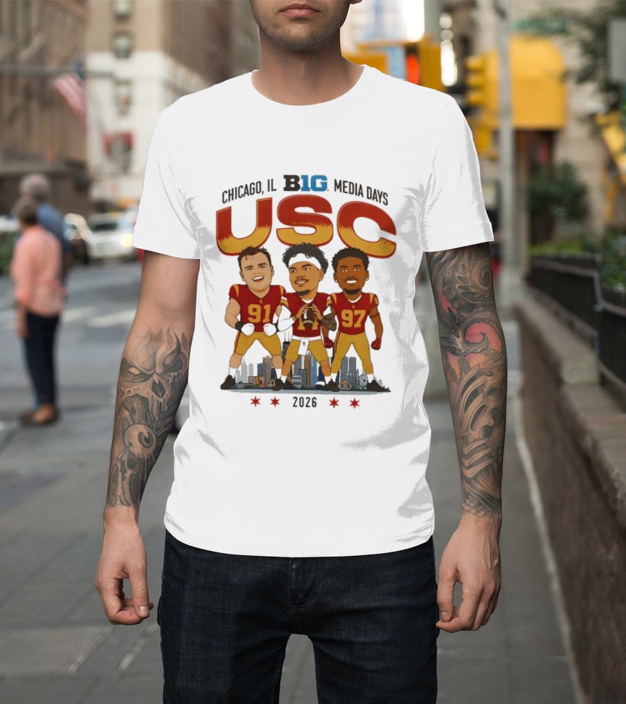 USC Trojans Big Ten Media Days 2026 Chicago Skyline Caricature Jayden Maiava Alex VanSumeren Jide Abasiri T-Shirt