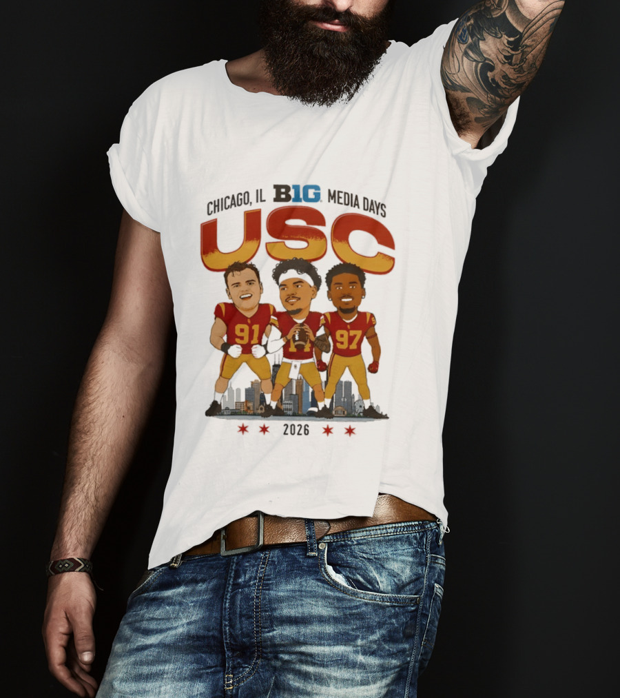 USC Trojans Big Ten Media Days 2026 Chicago Skyline Caricature Jayden Maiava Alex VanSumeren Jide Abasiri T-Shirt