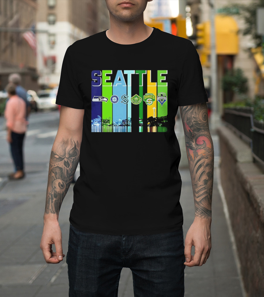 Seattle Seahawks Mariners Kraken Sonics Storm Sounders City Skyline T-Shirt