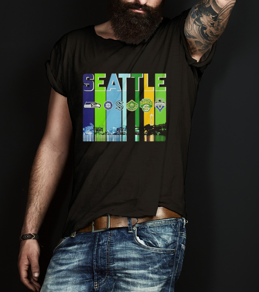Seattle Seahawks Mariners Kraken Sonics Storm Sounders City Skyline T-Shirt