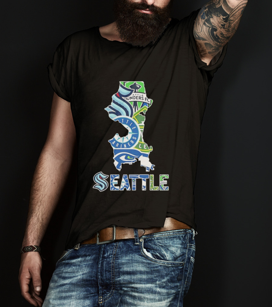 Seattle Kraken Mariners Seahawks Sounders FC Map Collage 2026 T-Shirt