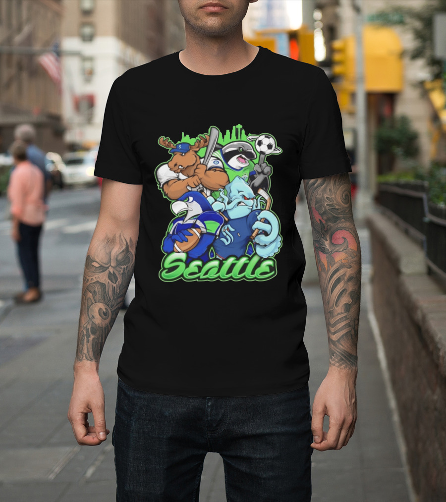 Seattle Sports Team Mascot Mashup With Moose Orca Octopus Bird Skyline T-Shirt