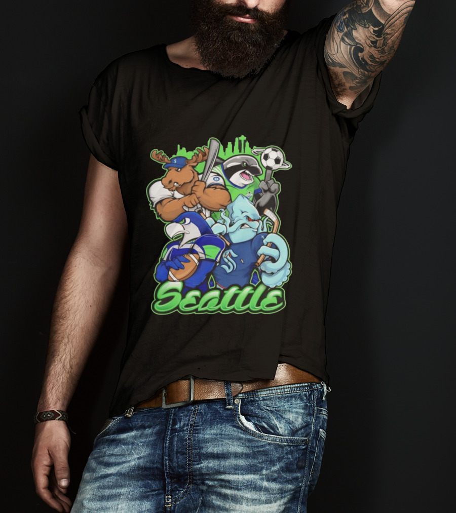 Seattle Sports Team Mascot Mashup With Moose Orca Octopus Bird Skyline T-Shirt
