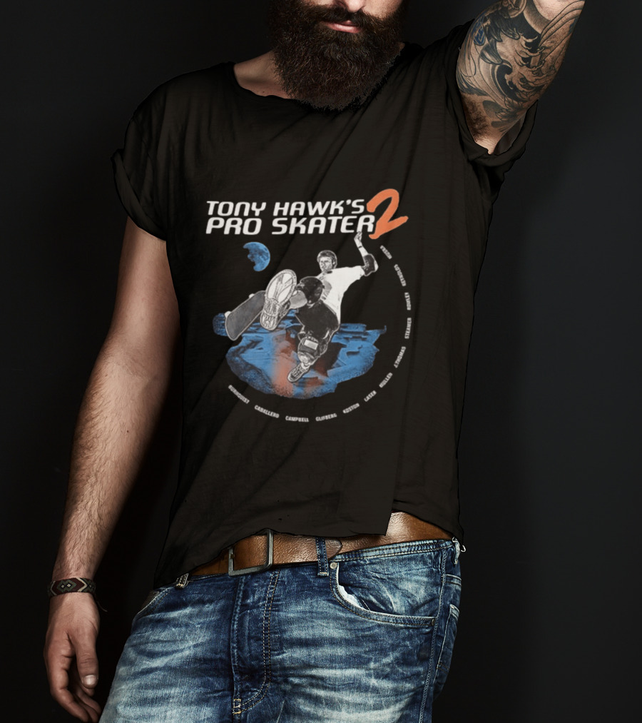 Tony Hawk's Pro Skater 2 Hawk's Back With New Technology New Pros And New Tracks 2 Sided Flip McTwist Skateboarding Legends T-Shirt