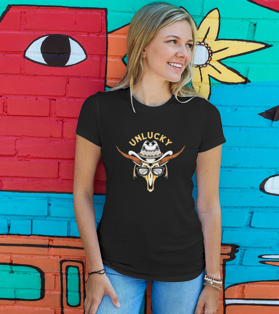 Unlucky Cowboy Skull Sunglasses Western Horns Hat T-Shirt
