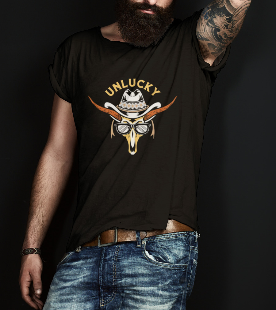 Unlucky Cowboy Skull Sunglasses Western Horns Hat T-Shirt