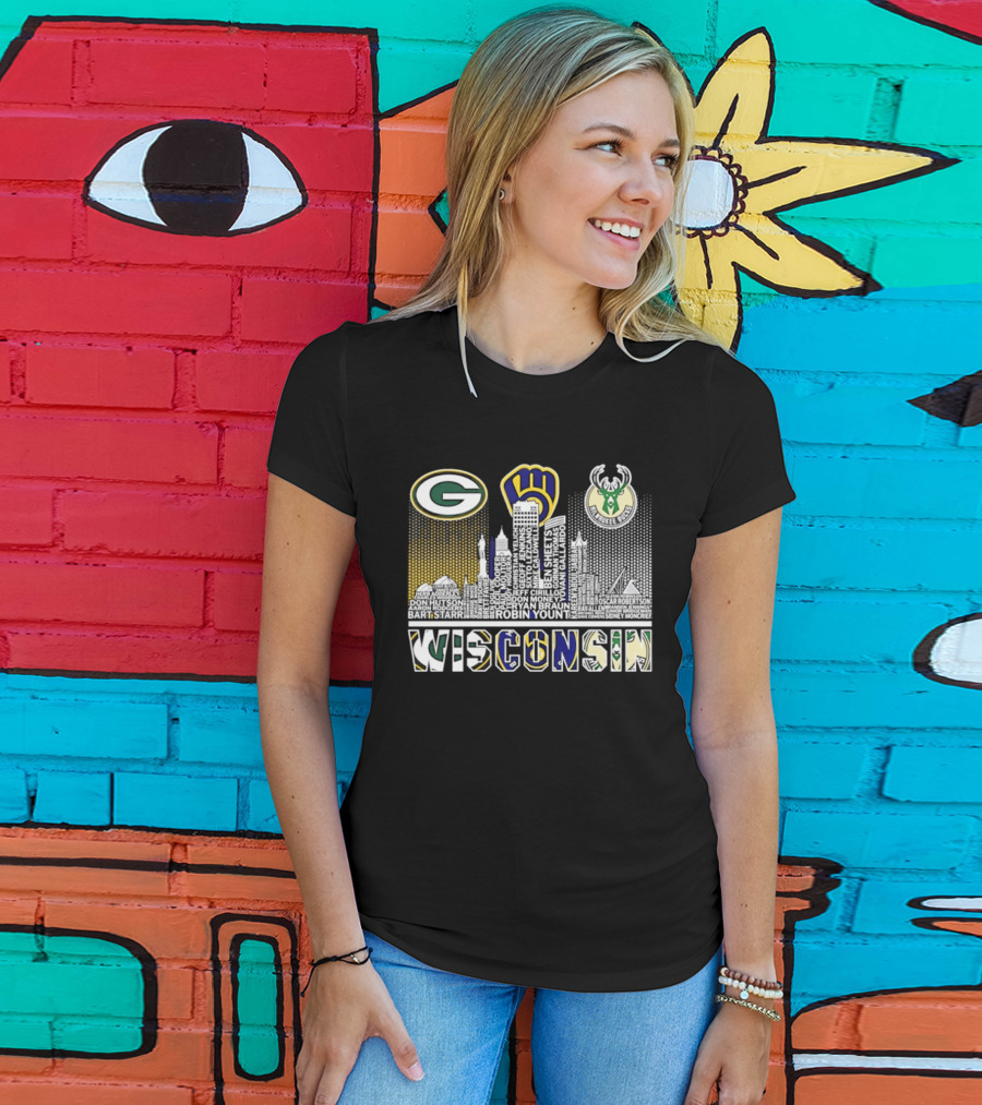 Wisconsin Green Bay Packers Milwaukee Brewers Bucks City Skyline Logos T-Shirt
