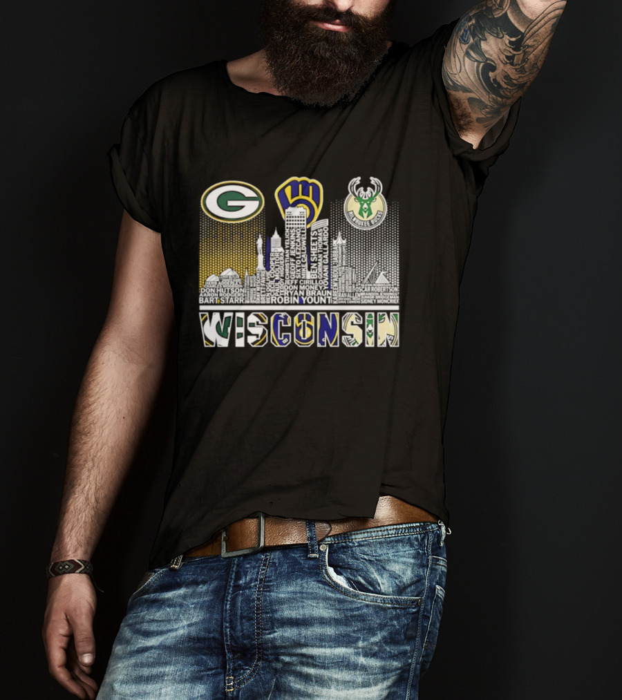 Wisconsin Green Bay Packers Milwaukee Brewers Bucks City Skyline Logos T-Shirt