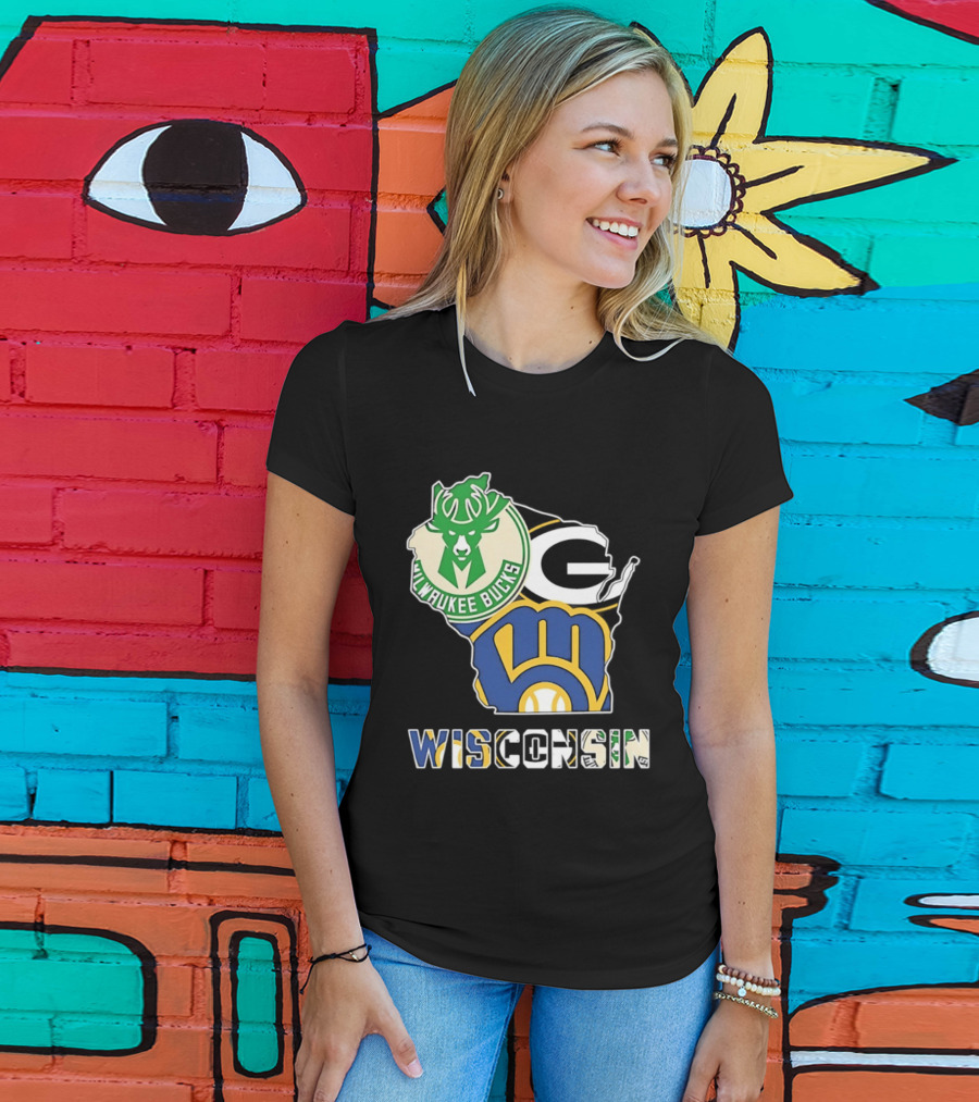 Milwaukee Bucks Green Bay Packers Milwaukee Brewers Wisconsin Map T-Shirt