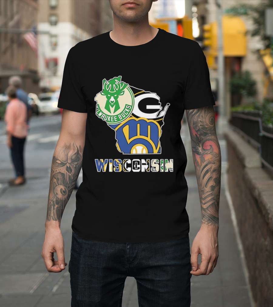 Milwaukee Bucks Green Bay Packers Milwaukee Brewers Wisconsin Map T-Shirt