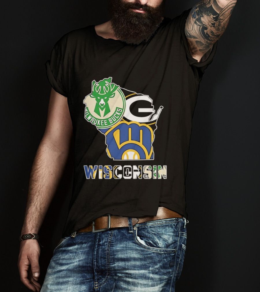 Milwaukee Bucks Green Bay Packers Milwaukee Brewers Wisconsin Map T-Shirt