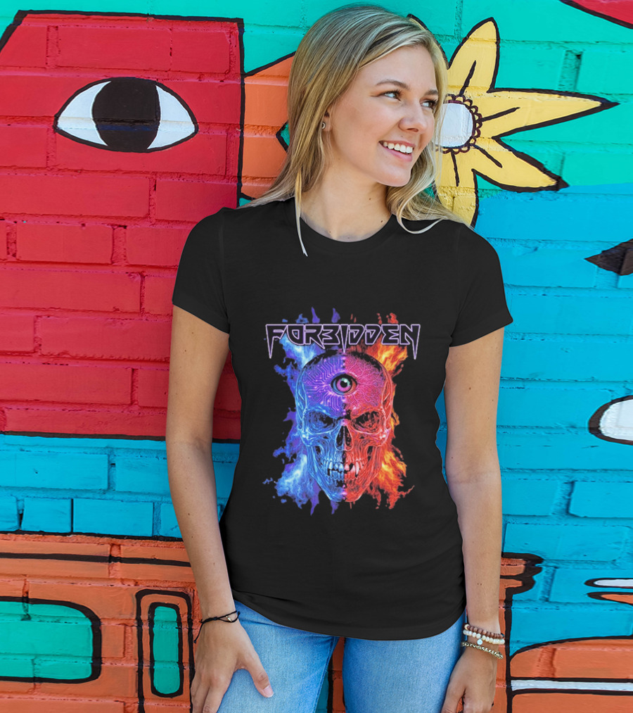 FORBIDDEN Skull Eye Flames Blue Red Fusion T-Shirt