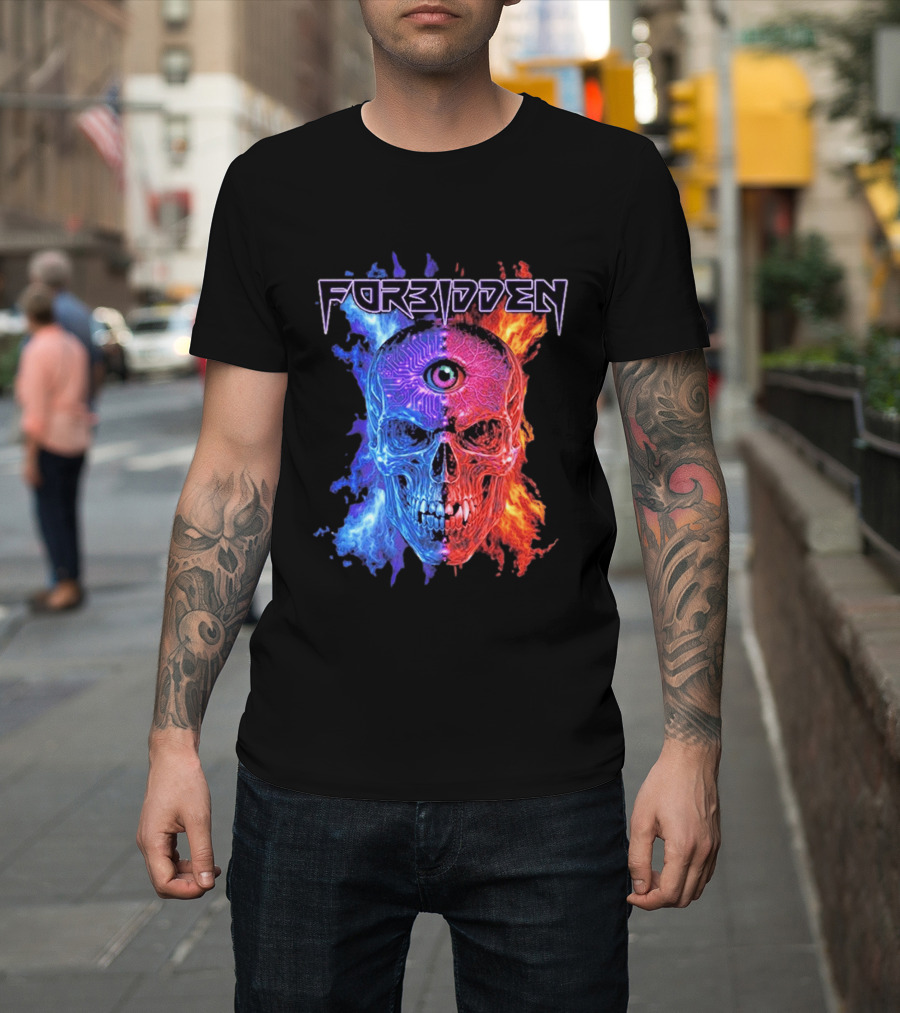 FORBIDDEN Skull Eye Flames Blue Red Fusion T-Shirt