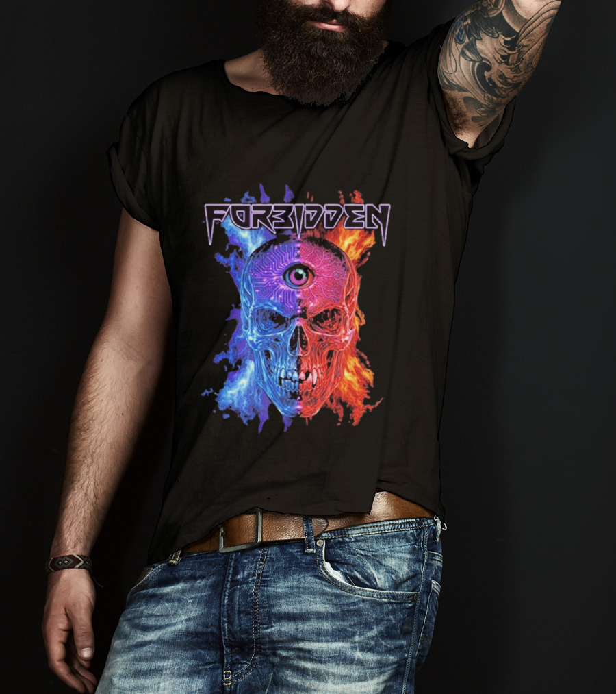 FORBIDDEN Skull Eye Flames Blue Red Fusion T-Shirt