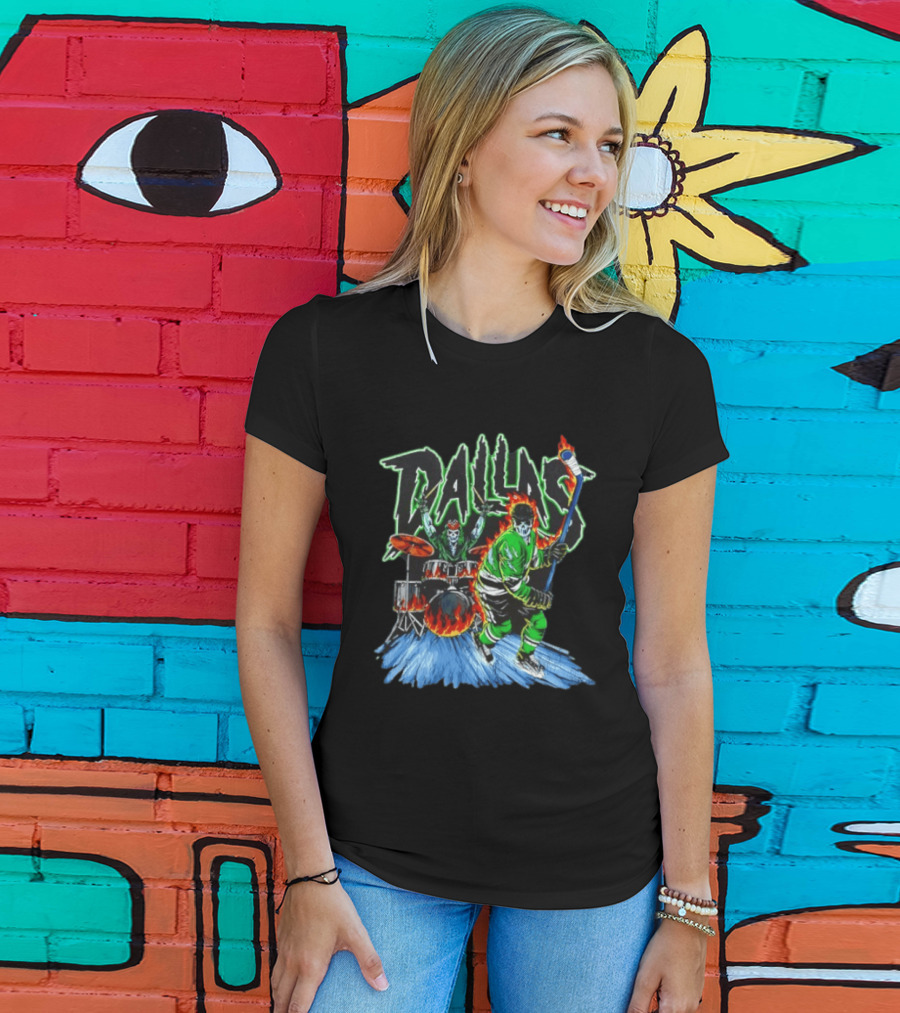Dallas Stars Skeleton Hockey Fire With Drummer T-Shirt