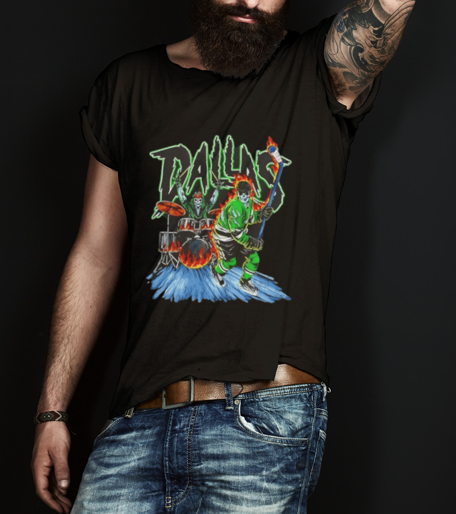 Dallas Stars Skeleton Hockey Fire With Drummer T-Shirt