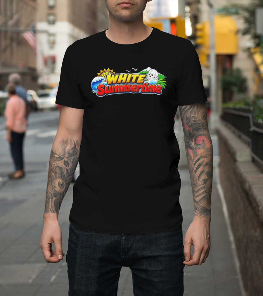 White Summertime Skull Ocean Beach Sun Palm Birds T-Shirt