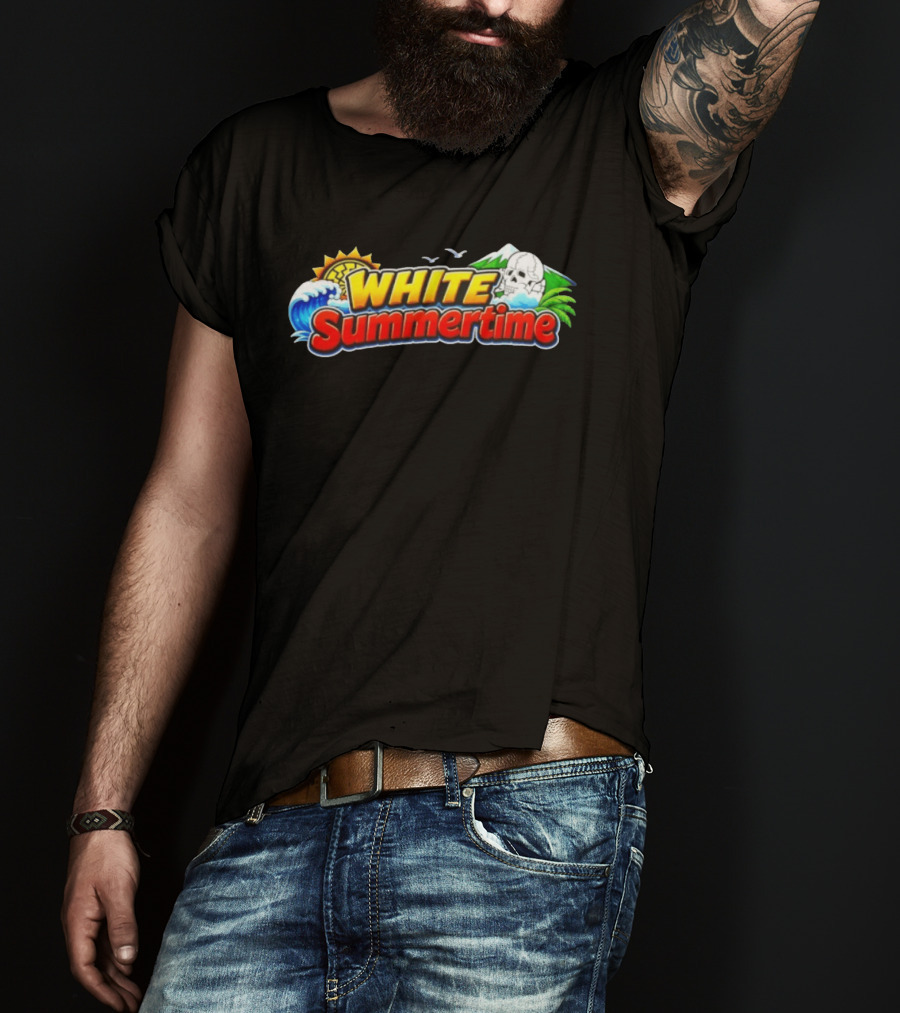 White Summertime Skull Ocean Beach Sun Palm Birds T-Shirt