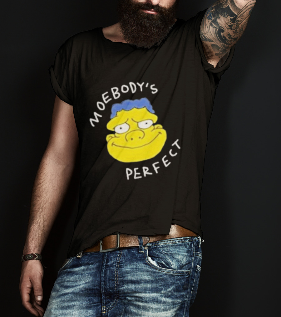 Moebody's Perfect Yellow Cartoon Face With Blue Hair Smirk T-Shirt